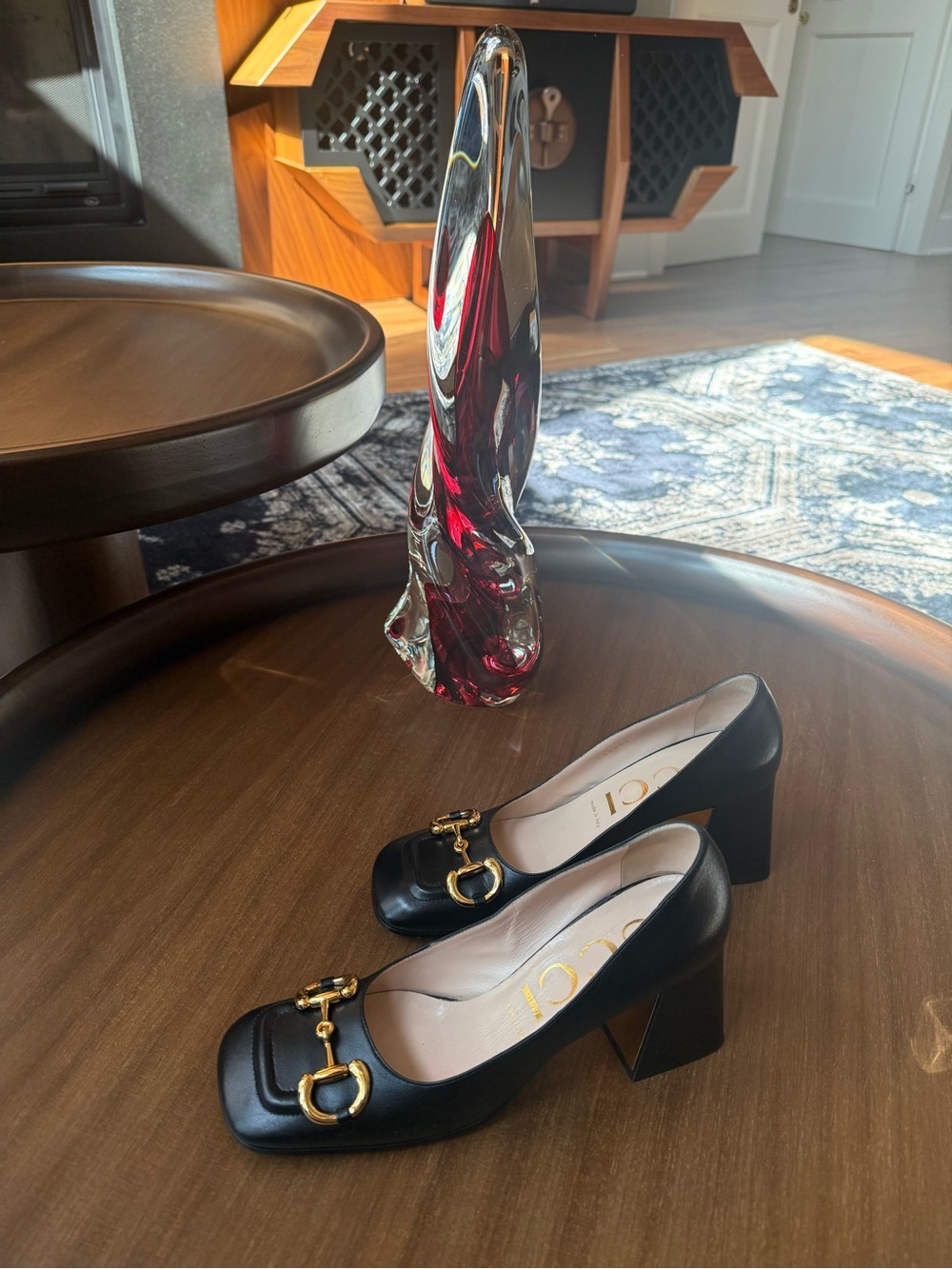 Gucci Black Leather Horsebit Block Heels - Picture 2 of 8